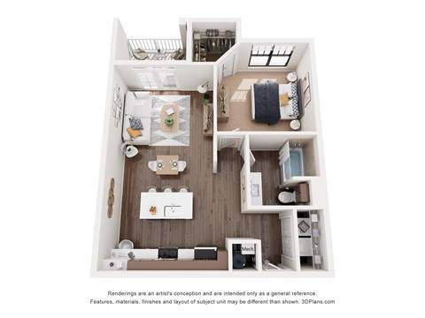 Floor plan for 1 bed, 1 bath, 763 sqft